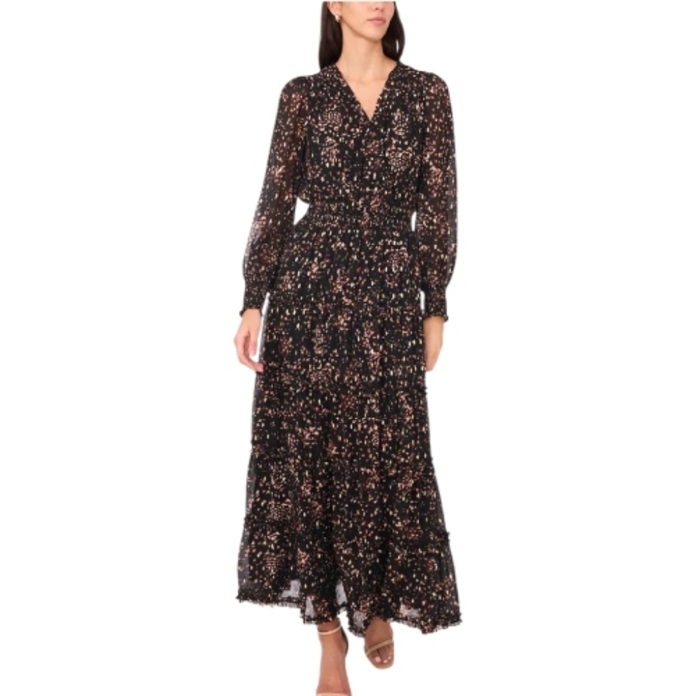 MSK Black Maxi Dress Blush Speckle Print Women's Long Sleeves Smocked Waist Sz M